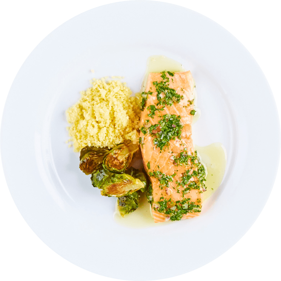 Salsa Verde Salmon Fillet with Brussels Sprouts & Couscous - Innit