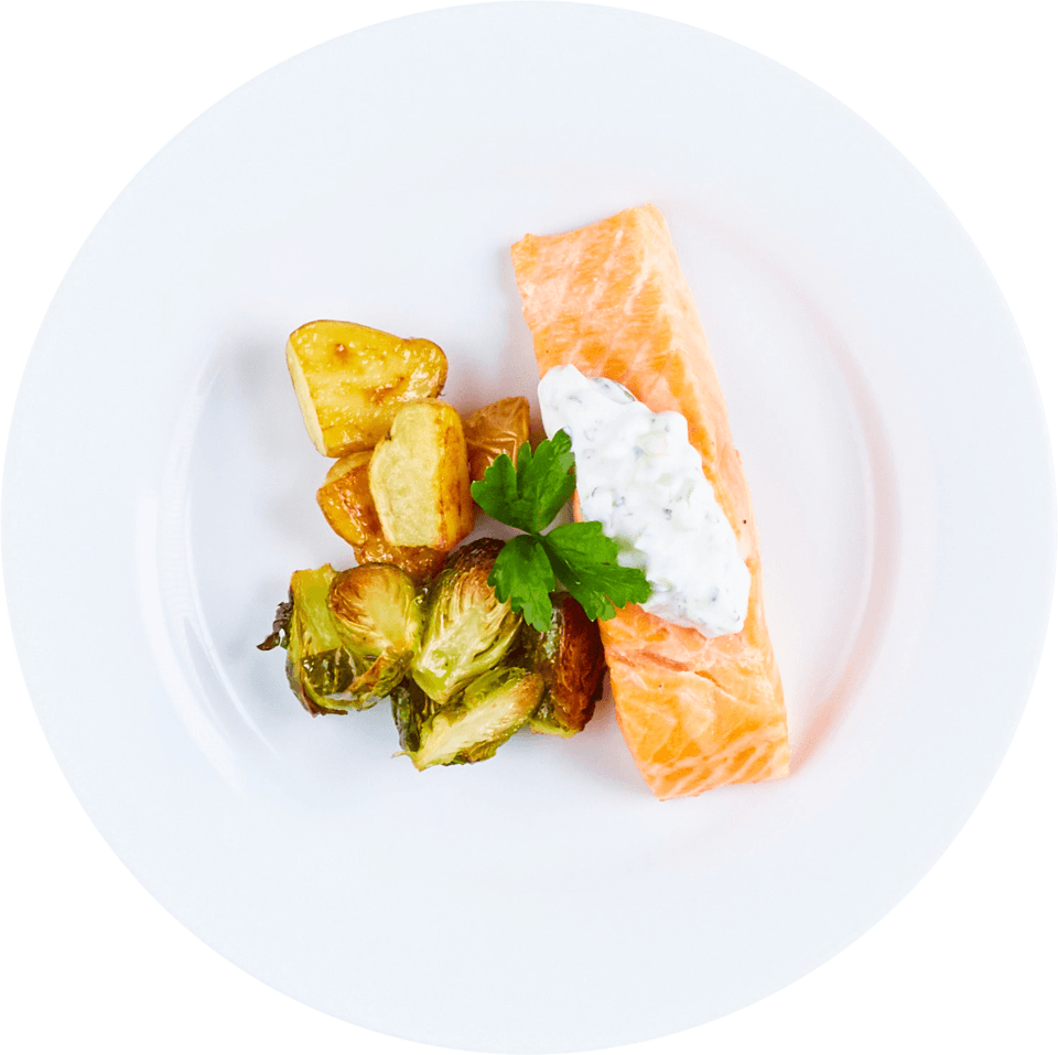 Tzatziki Salmon Fillet with Brussels Sprouts & Potatoes - Innit