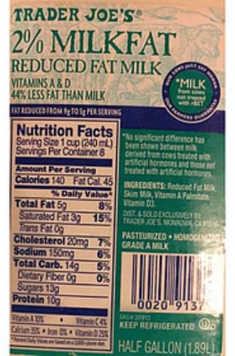 Trader Joe's 2% Reduced Fat Milk - 240 ml, Nutrition Information | Innit
