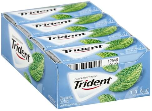 Trident Sugar Free, With Xylitol, Mint Bliss Gum - 12 Ea, Nutrition ...