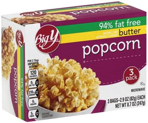 Big Y Butter, 94% Fat Free Microwave Popcorn - 3 Ea, Nutrition ...