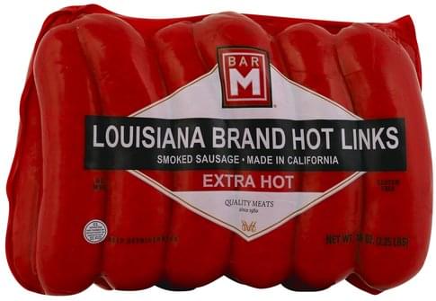 Bar M Sausage, Smoked, Louisiana Brand Hot Links, Extra Hot