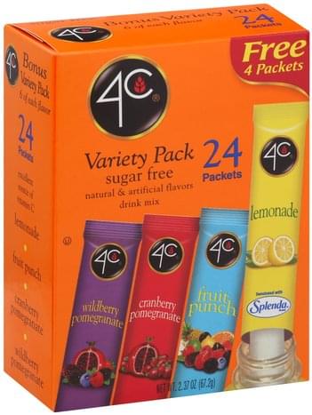 4C Sugar Free, Variety Pack Drink Mix - 24 ea, Nutrition Information ...