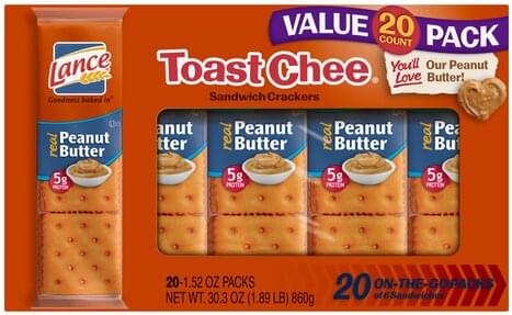 Lance Peanut Butter, On-The-Go, Value Pack, 20 Pack Sandwich Crackers ...