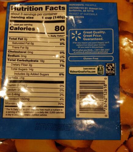 Great Value Pineapple Chunks - 140 G, Nutrition Information 